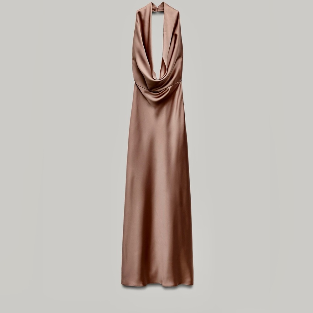 Zara Backless Satin Dress in Bronze